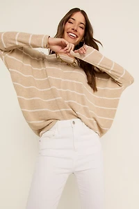 Candice Striped Long Sleeve Dolman Knit Top Taupe