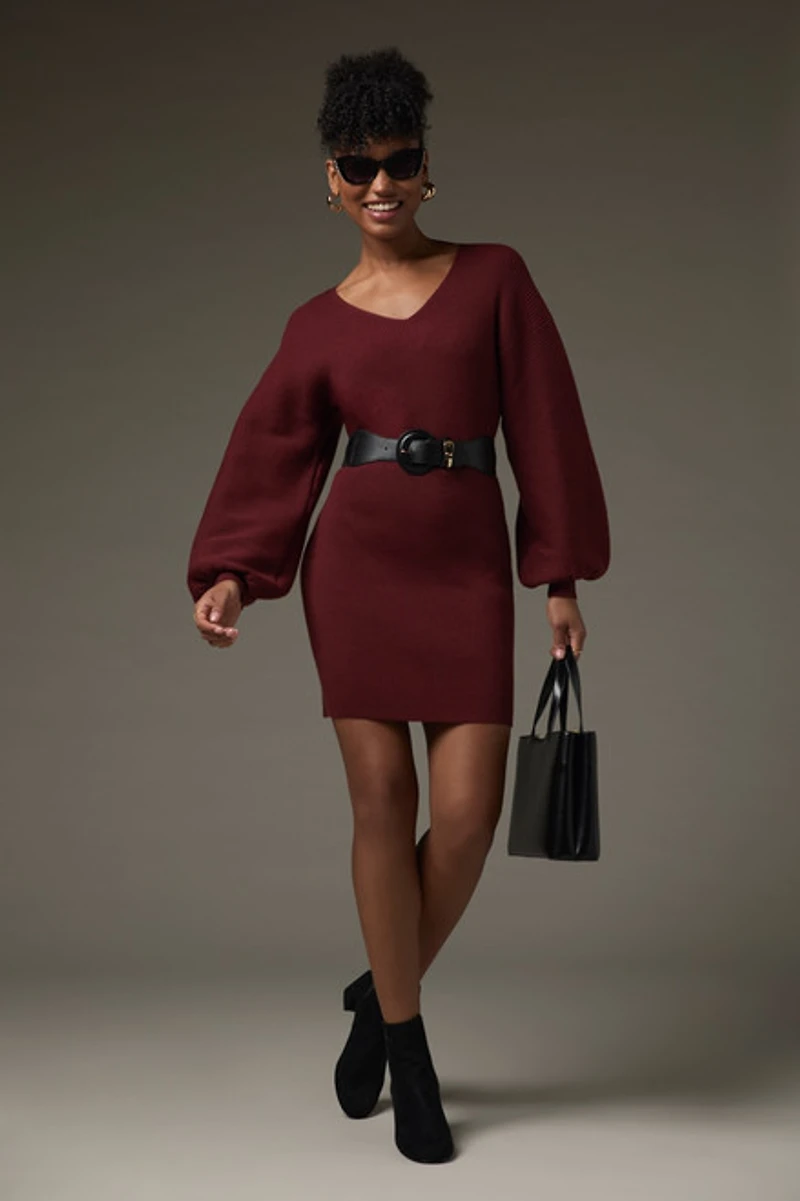 Maria Balloon Sleeve Sweater Dress Burgundy