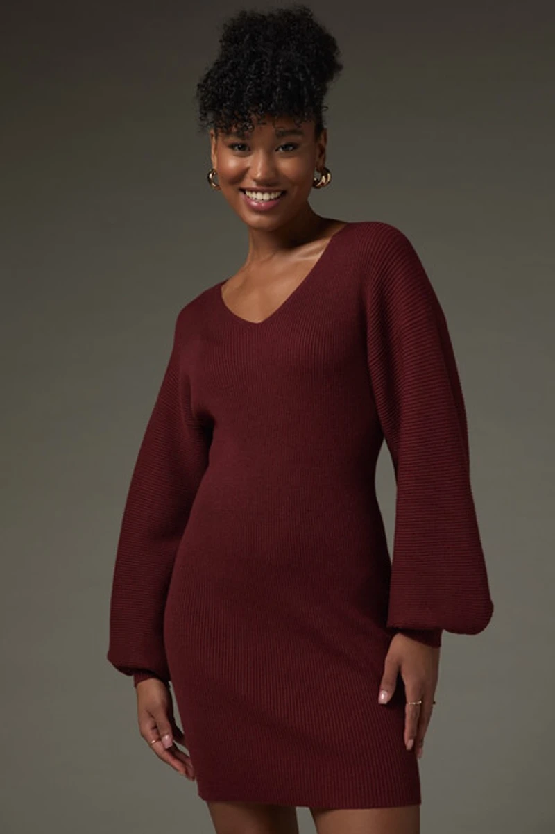 Maria Balloon Sleeve Sweater Dress Burgundy