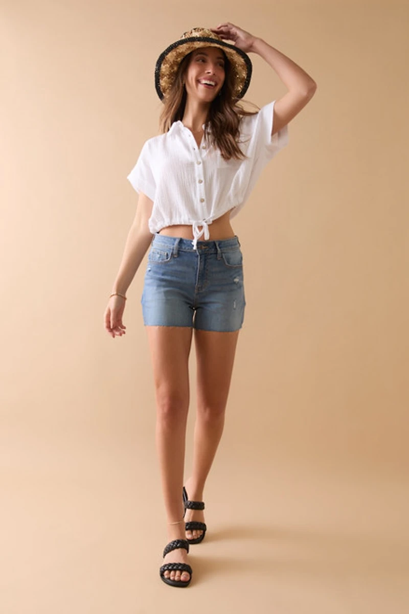 Brianna Distressed Hem Denim Shorts Medium