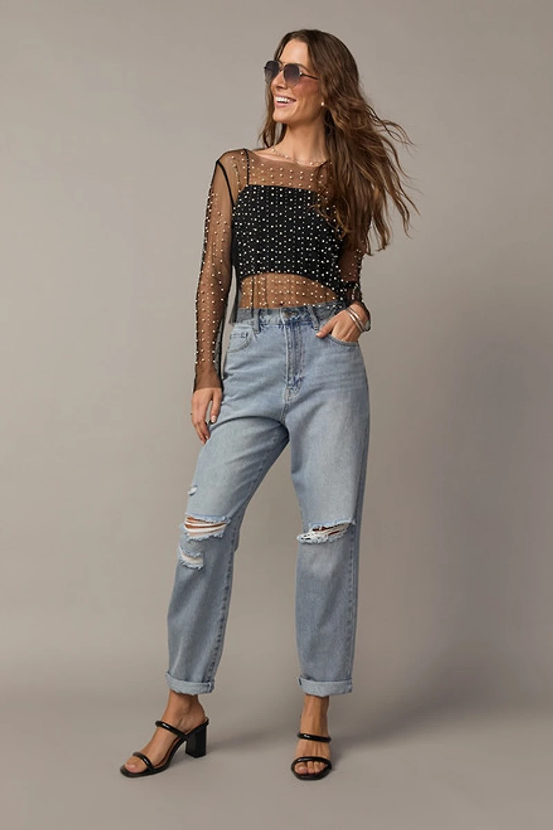 Vanessa Long Sleeve Pearl Embellished Mesh Top