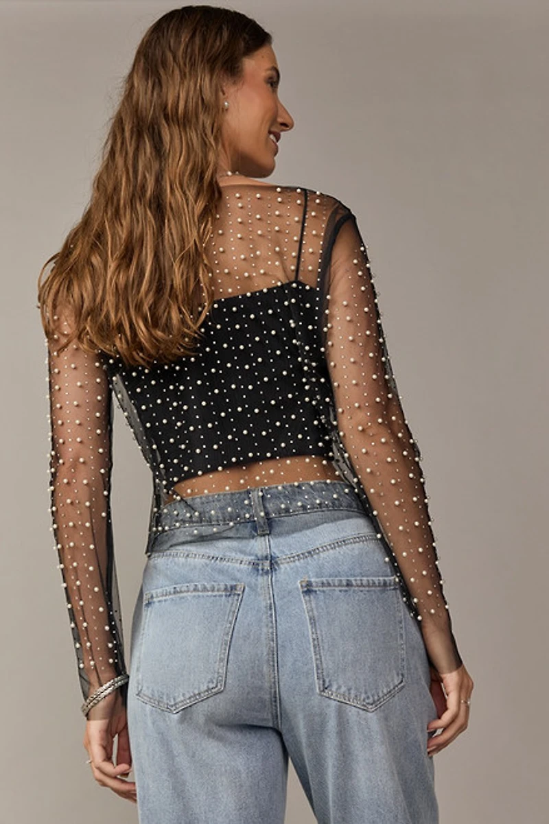 Vanessa Long Sleeve Pearl Embellished Mesh Top