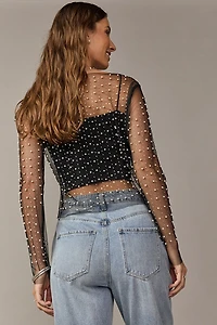Vanessa Long Sleeve Pearl Embellished Mesh Top