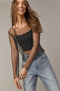 Vanessa Long Sleeve Pearl Embellished Mesh Top