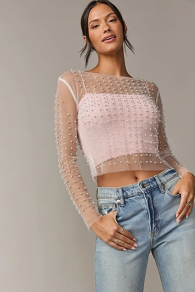 Vanessa Long Sleeve Pearl Embellished Mesh Top White