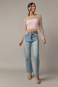 Vanessa Long Sleeve Pearl Embellished Mesh Top White