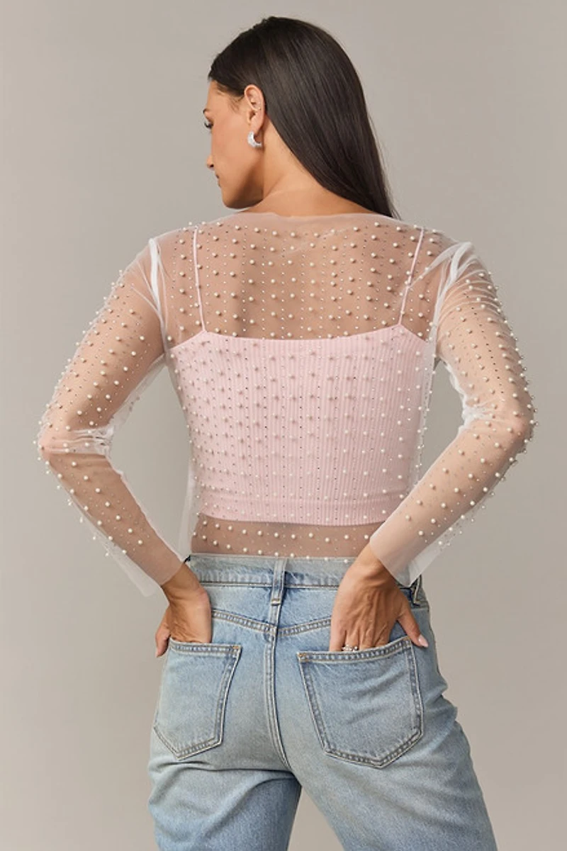 Vanessa Long Sleeve Pearl Embellished Mesh Top White