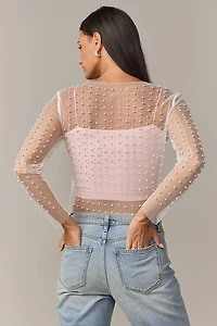 Vanessa Long Sleeve Pearl Embellished Mesh Top White