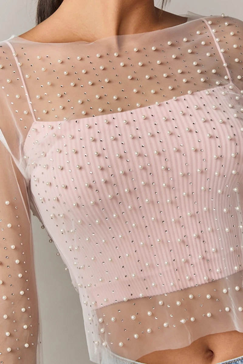 Vanessa Long Sleeve Pearl Embellished Mesh Top White