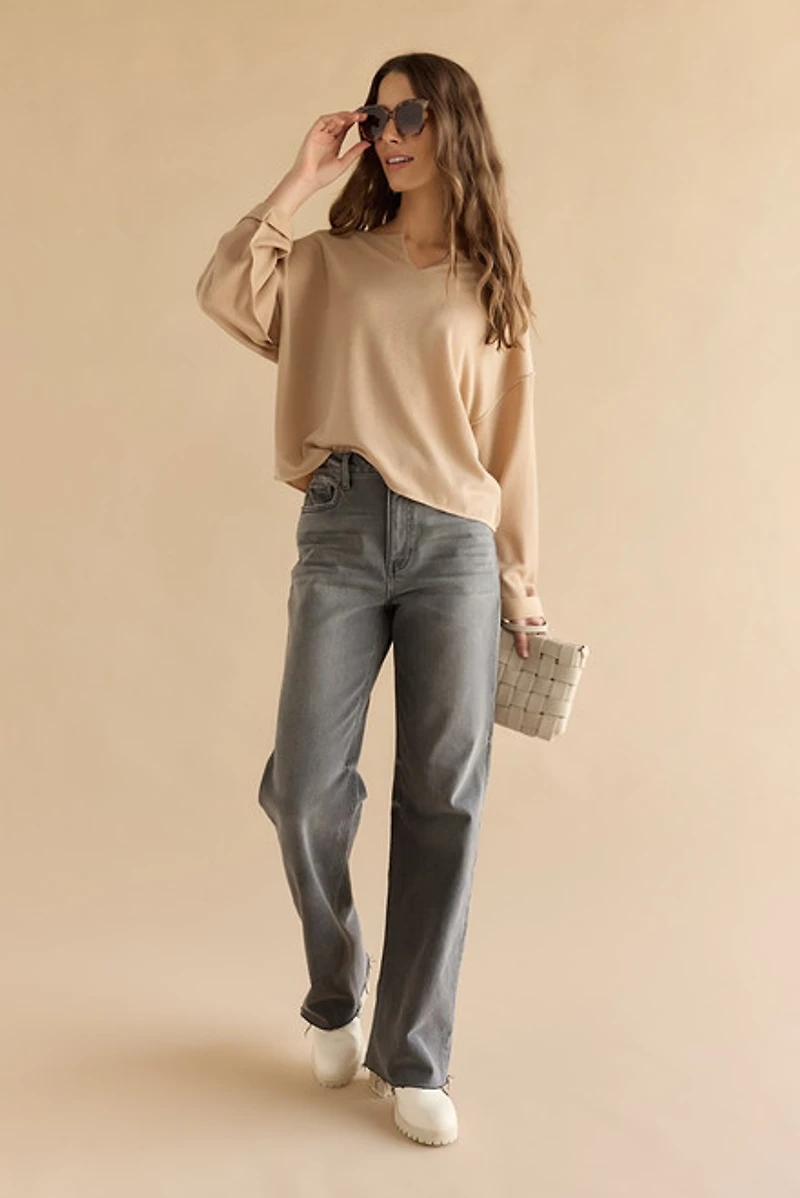 Claire Slouchy Fit Notch Neck Long Sleeve Top Taupe