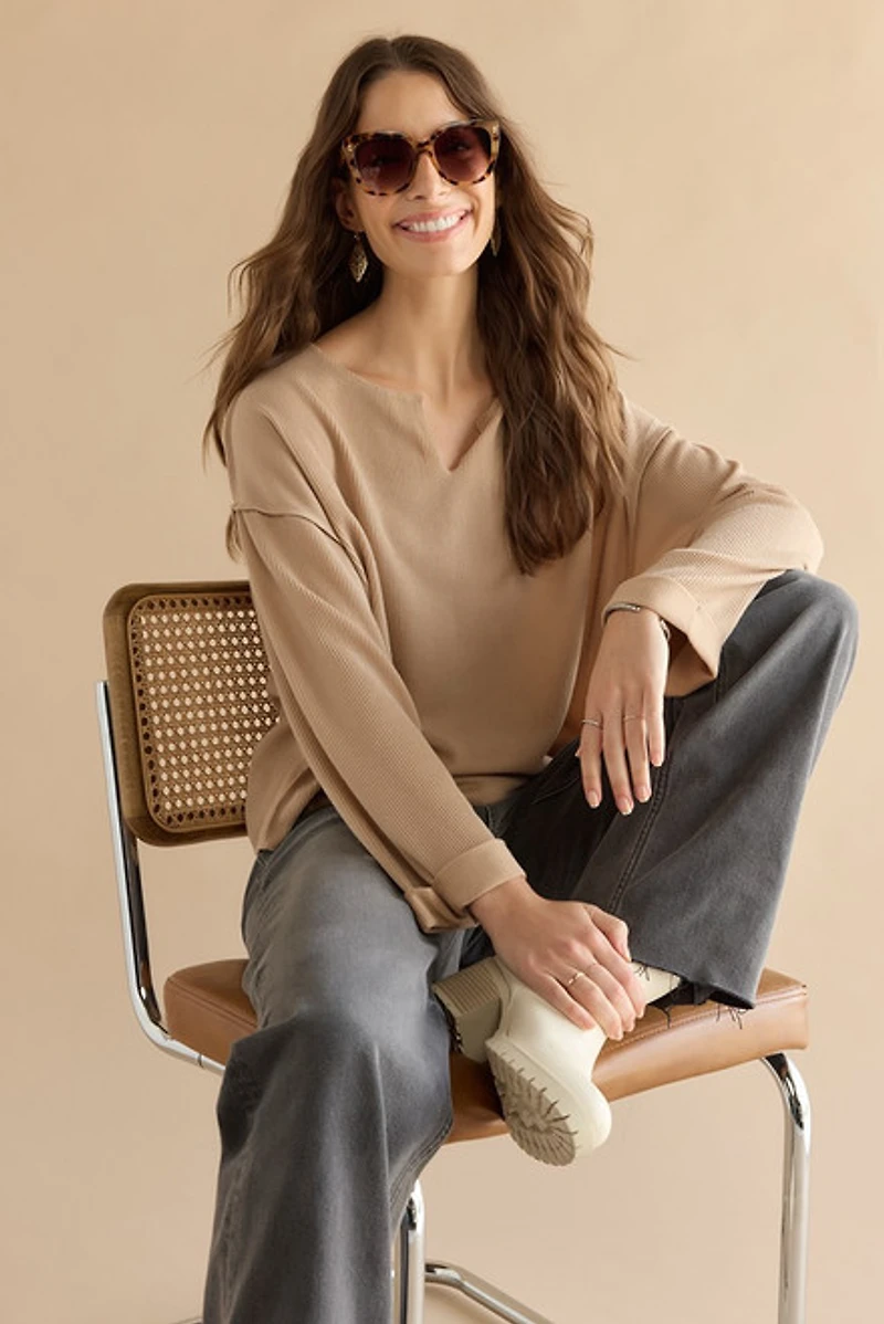 Claire Slouchy Fit Notch Neck Long Sleeve Top Taupe