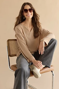 Claire Slouchy Fit Notch Neck Long Sleeve Top Taupe