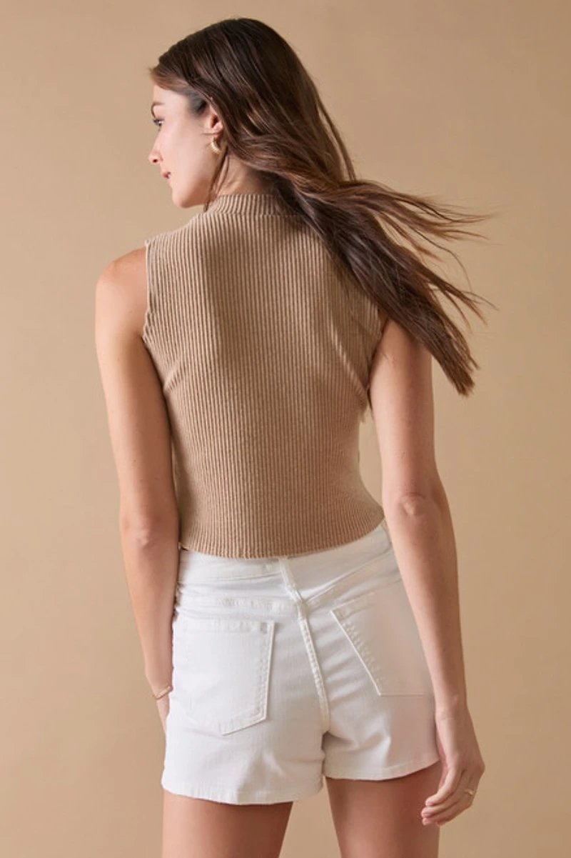 Harriet Mock Neck Ribbed Tank Top Beige