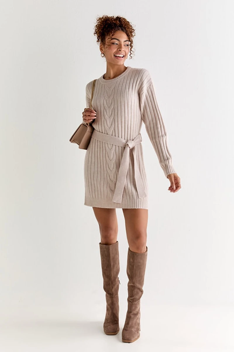 Diane Cable Knit Tie Waist Mini Dress Taupe