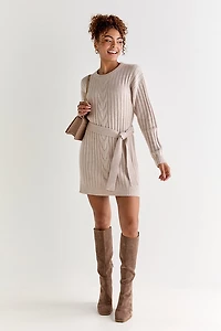 Diane Cable Knit Tie Waist Mini Dress Taupe