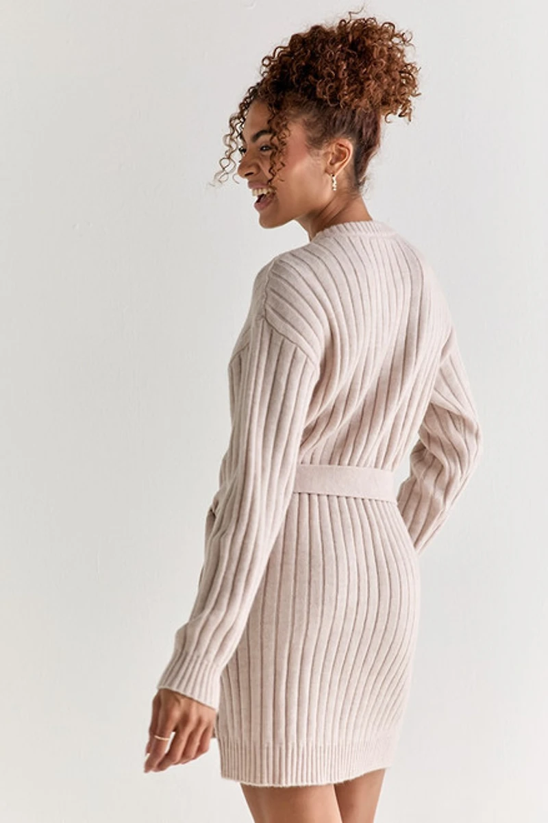 Diane Cable Knit Tie Waist Mini Dress Taupe
