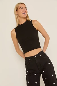 Harriet Mock Neck Ribbed Tank Top Black