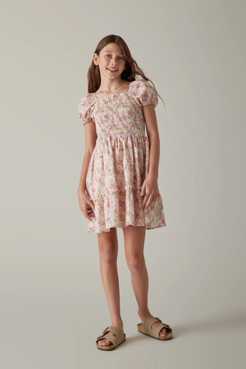 Hello Franki Short Sleeve Smocked Tiered Dress for girls Pink
