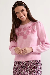 Tami Tonal Flower Applique Pullover Sweater Pink