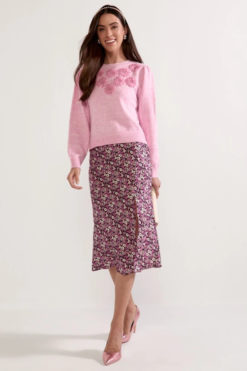 Tami Tonal Flower Applique Pullover Sweater Pink