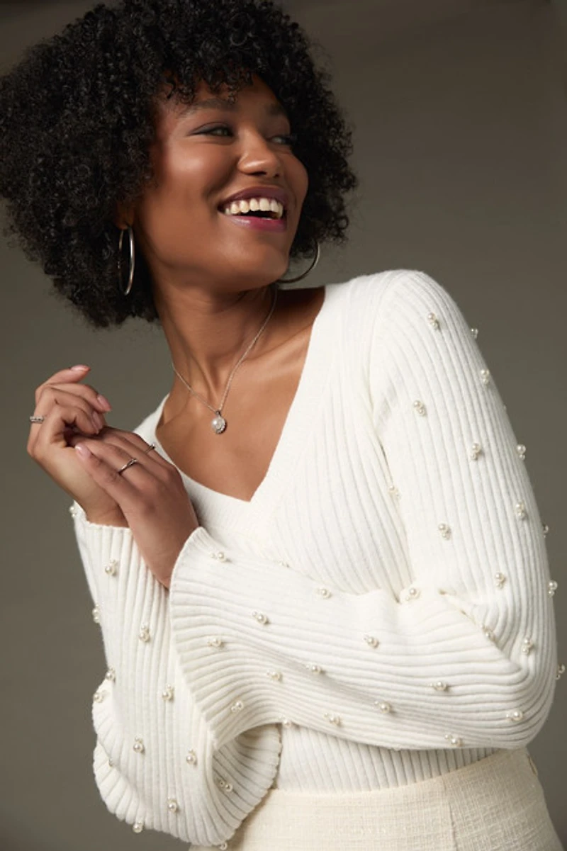 Nellie Pearl Embellished Pullover Sweater White