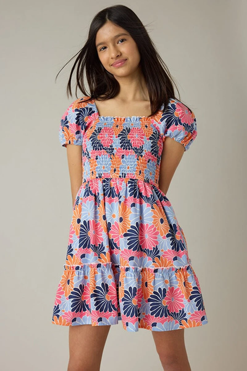 Hello Franki Short Sleeve Smocked Tiered Dress for girls Multi