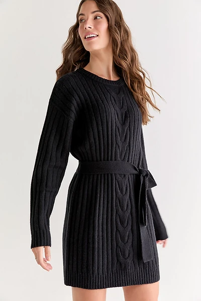 Diane Cable Knit Tie Waist Mini Dress Black