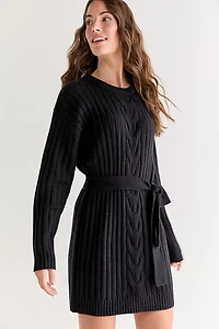 Diane Cable Knit Tie Waist Mini Dress Black