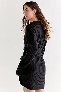 Diane Cable Knit Tie Waist Mini Dress Black
