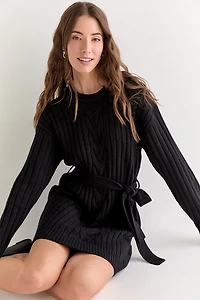 Diane Cable Knit Tie Waist Mini Dress Black