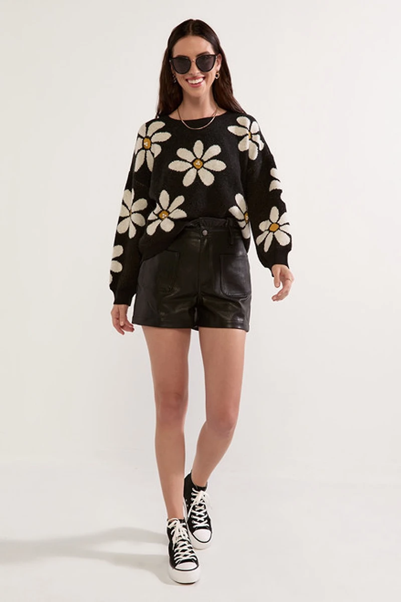 Matilda Pearl Daisy Pattern Pullover Sweater Black