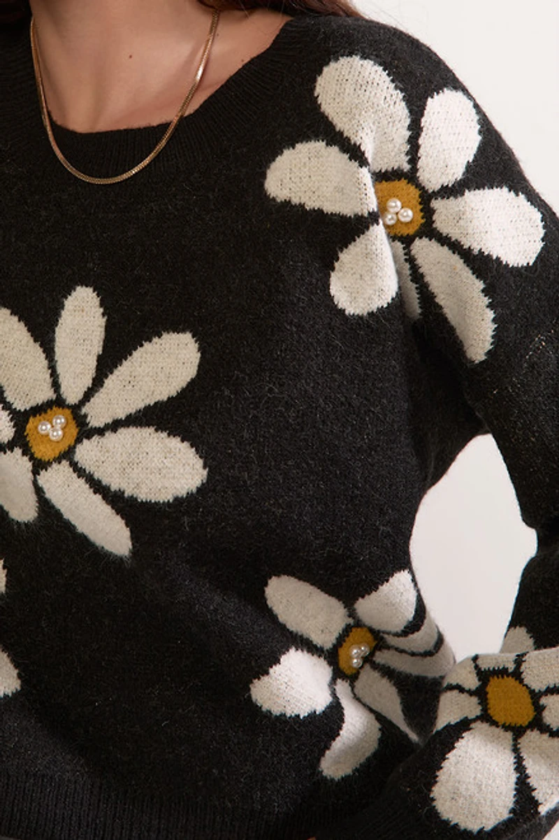 Matilda Pearl Daisy Pattern Pullover Sweater Black