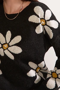 Matilda Pearl Daisy Pattern Pullover Sweater Black