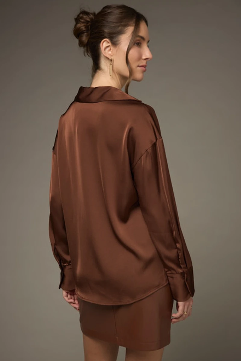 Nora Drop Shoulder Satin Button Down Shirt