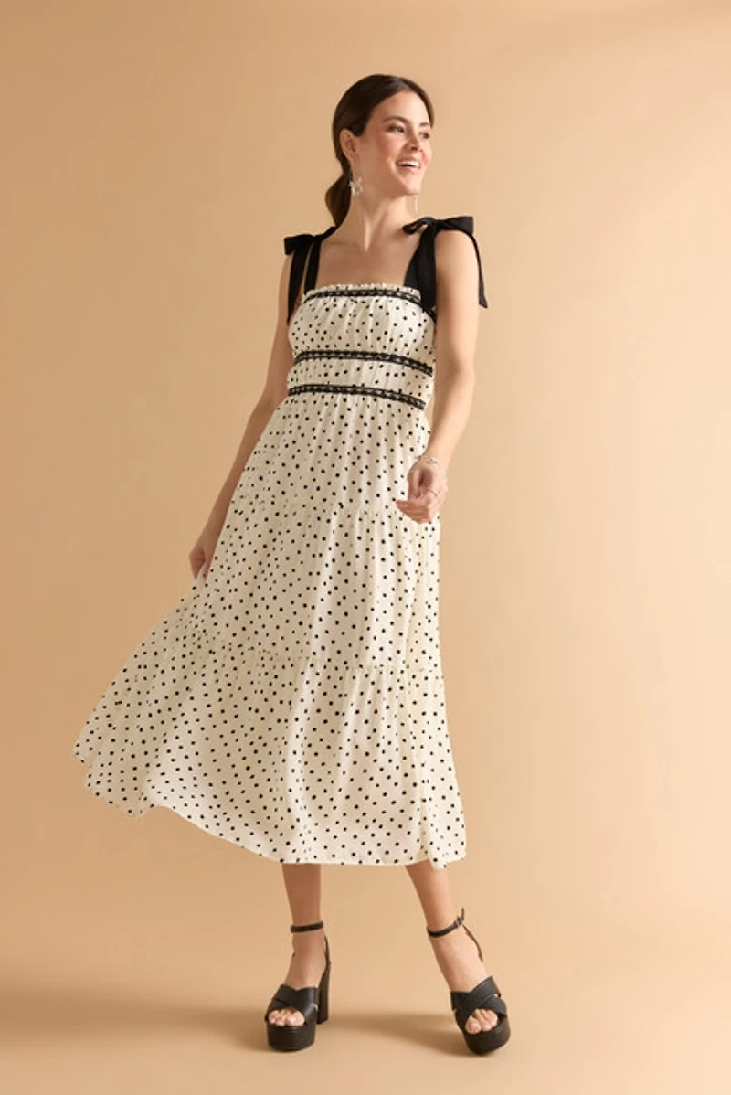 Ana Polka Dot Lace Trim Midi Dress