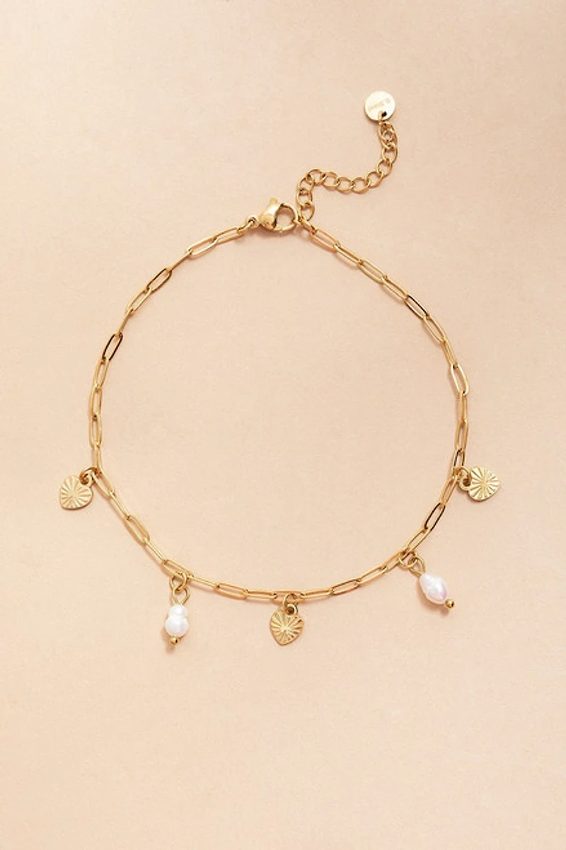 Nina Stainless Steel Heart and Pearl Paperclip Anklet