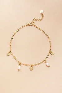 Nina Stainless Steel Heart and Pearl Paperclip Anklet