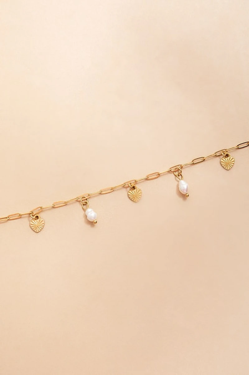 Nina Stainless Steel Heart and Pearl Paperclip Anklet