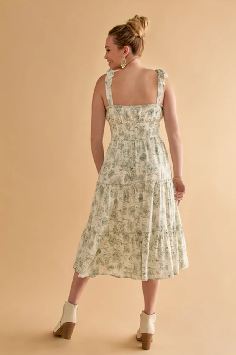 Donna Strappy Postcard Print Midi Dress