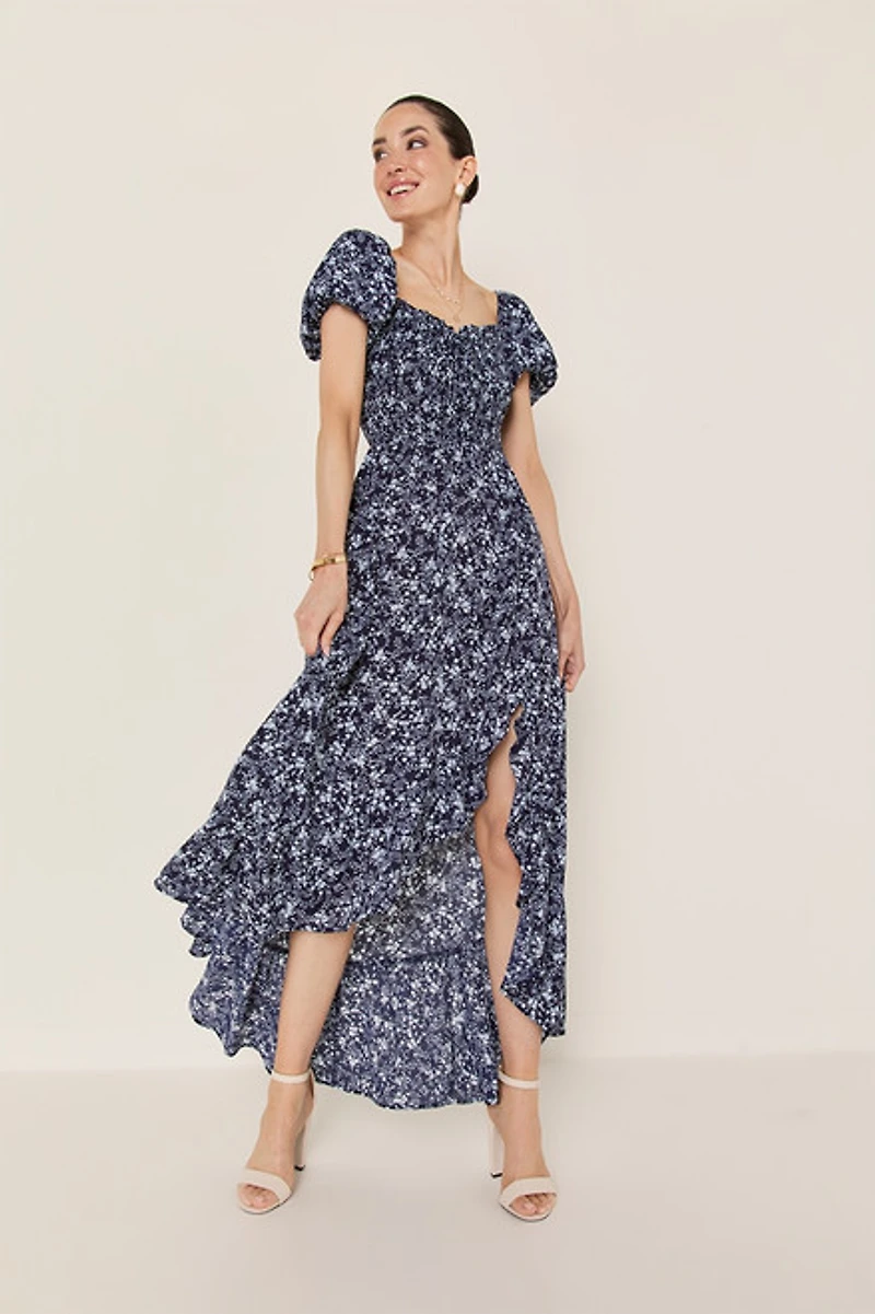 Heather Smocked Upper Ruffle Maxi Dress