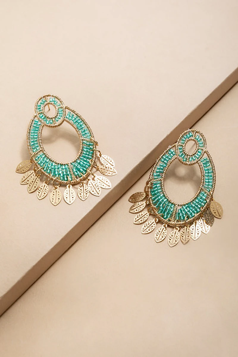 Helena Woven Bead Leaf Charm Drop Earrings