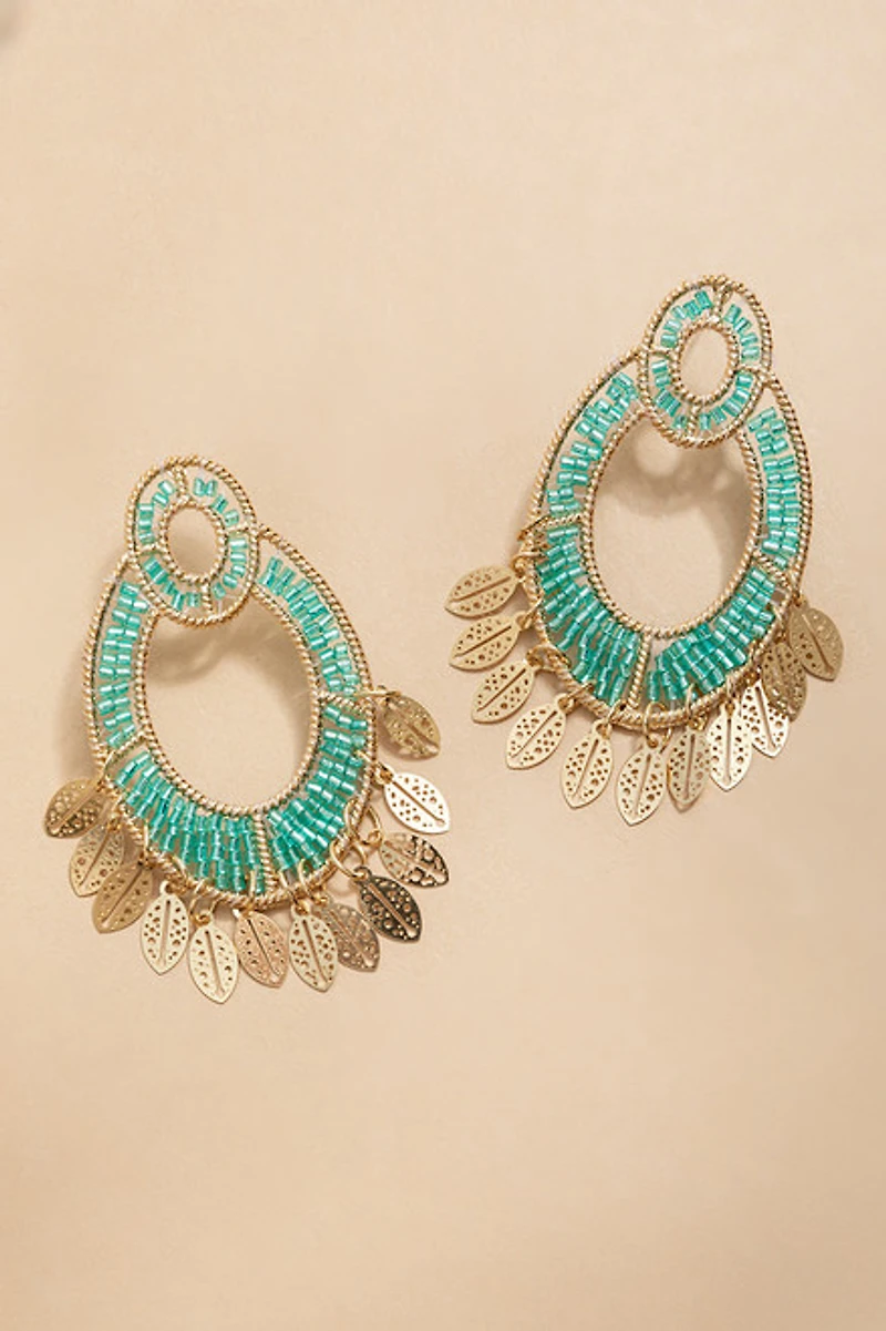 Helena Woven Bead Leaf Charm Drop Earrings