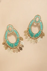 Helena Woven Bead Leaf Charm Drop Earrings
