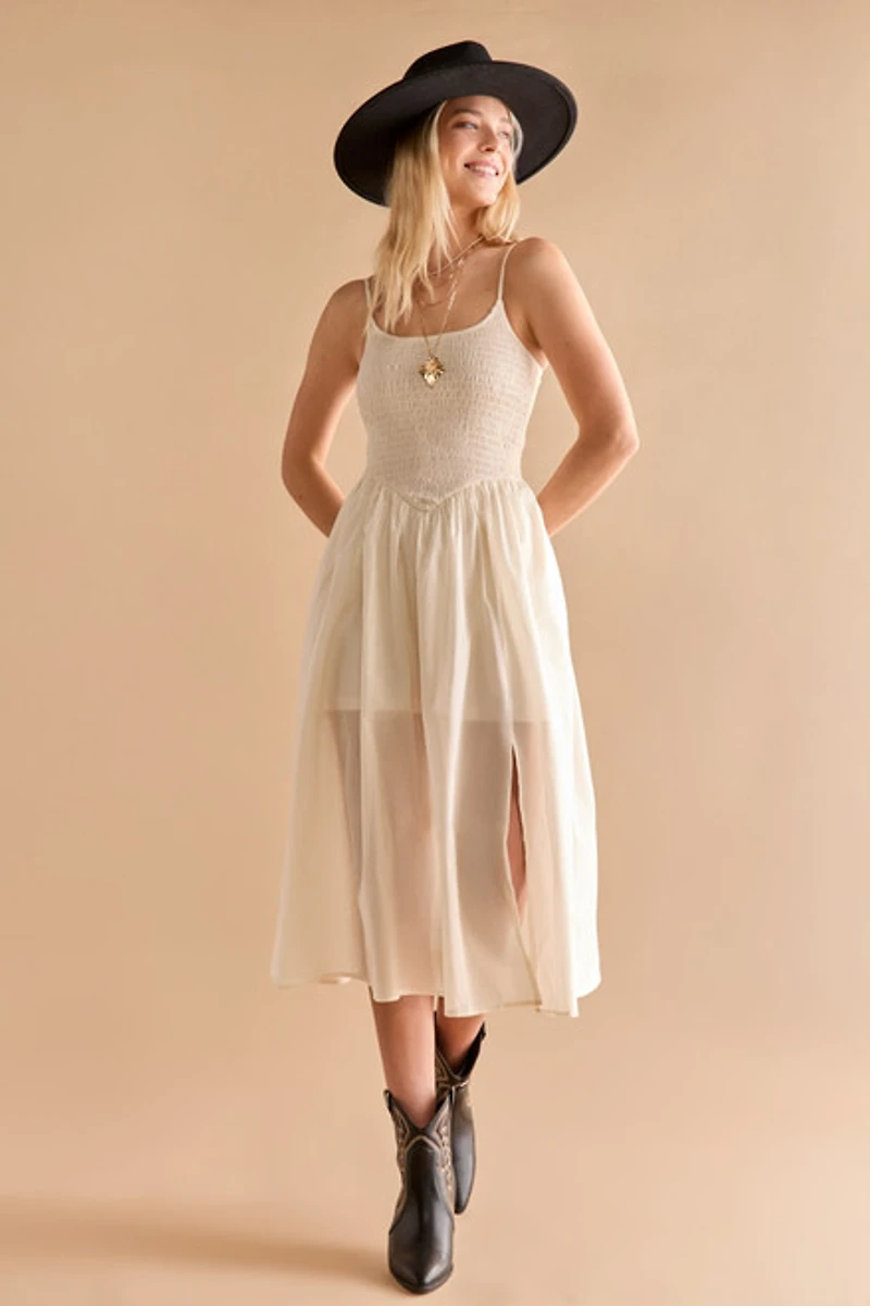 Tessa Smocked V Waist Midi Dress
