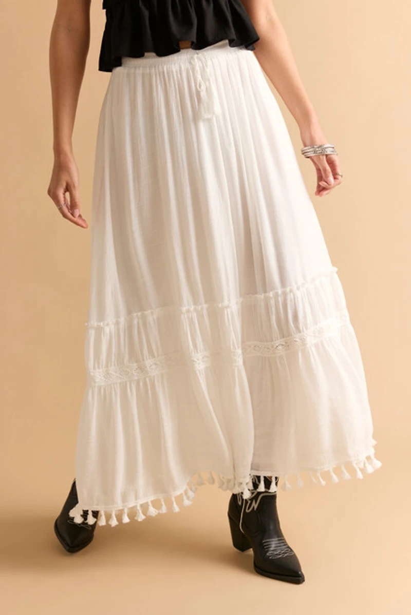 Allie Tassle Hem Tiered Maxi Skirt