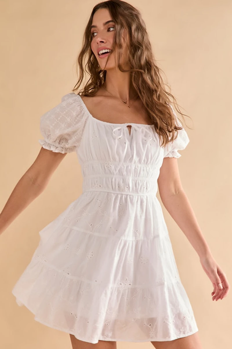 Gloria Eyelet Tiered Front Tie Mini Dress