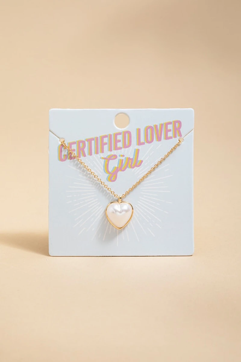 Certified Lover Girl Pearl Heart Pendant Necklace