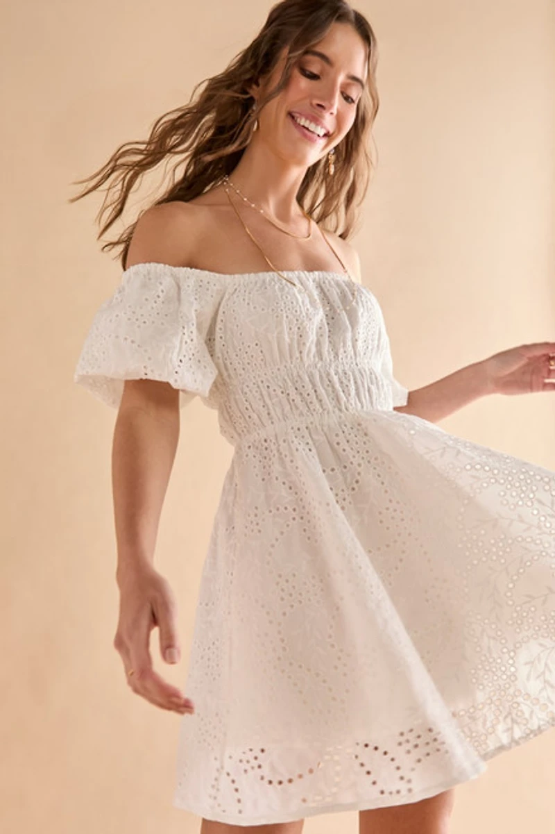 Dorothy Off Shoulder Eyelet Mini Dress