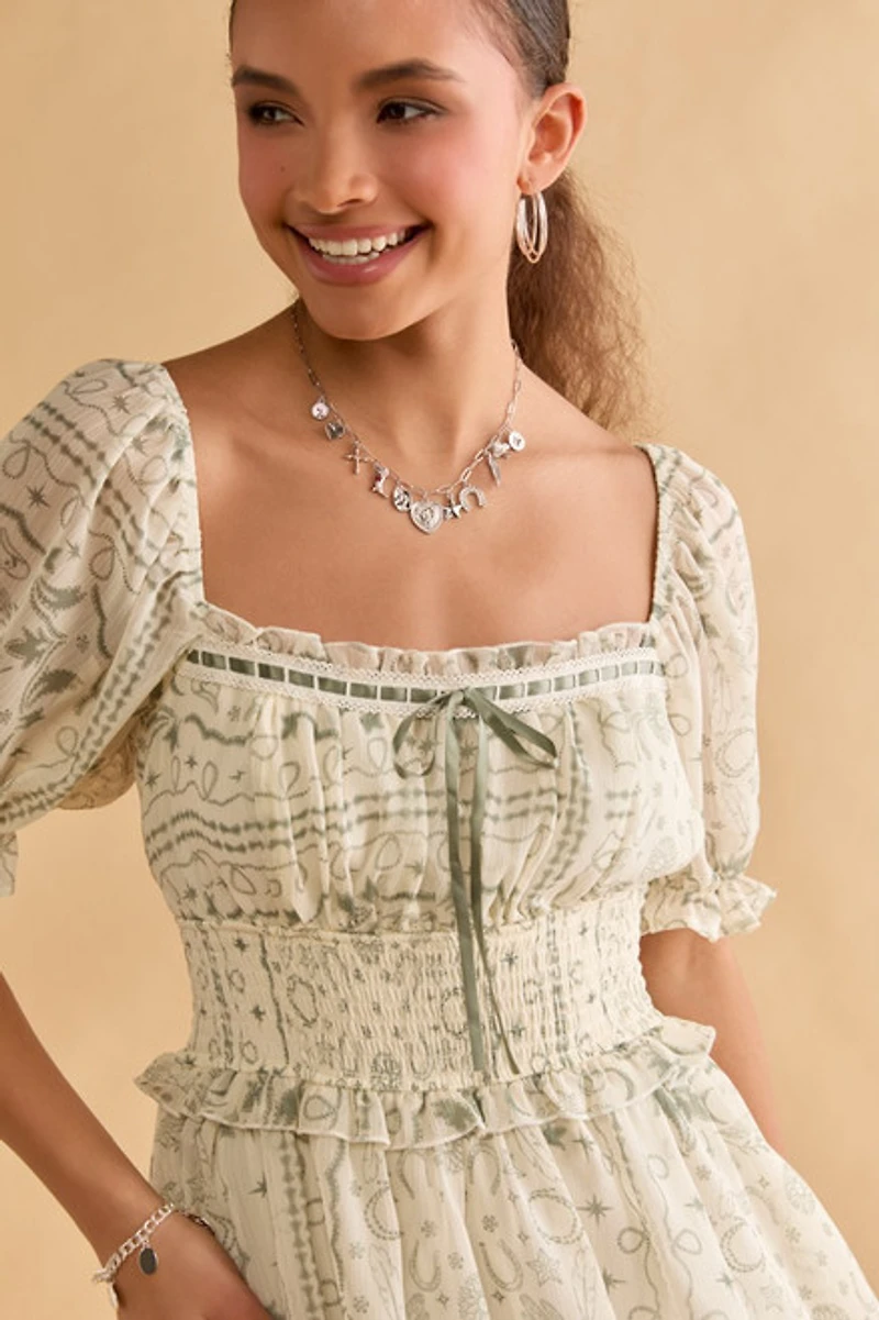 Marlene Horseshoe Print Lace Trim Mini Dress