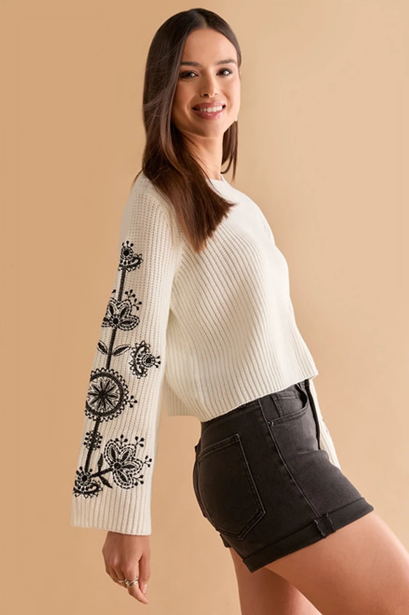 Mara Embroidered Sleeve Pullover Sweater